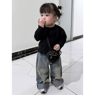 Bộ bé gái,Sét áo đen cotton dài tay mix quần jean xuông cho bé trai bé gái