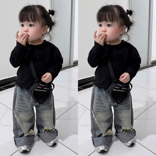 Bộ bé gái,Sét áo đen cotton dài tay mix quần jean xuông cho bé trai bé gái