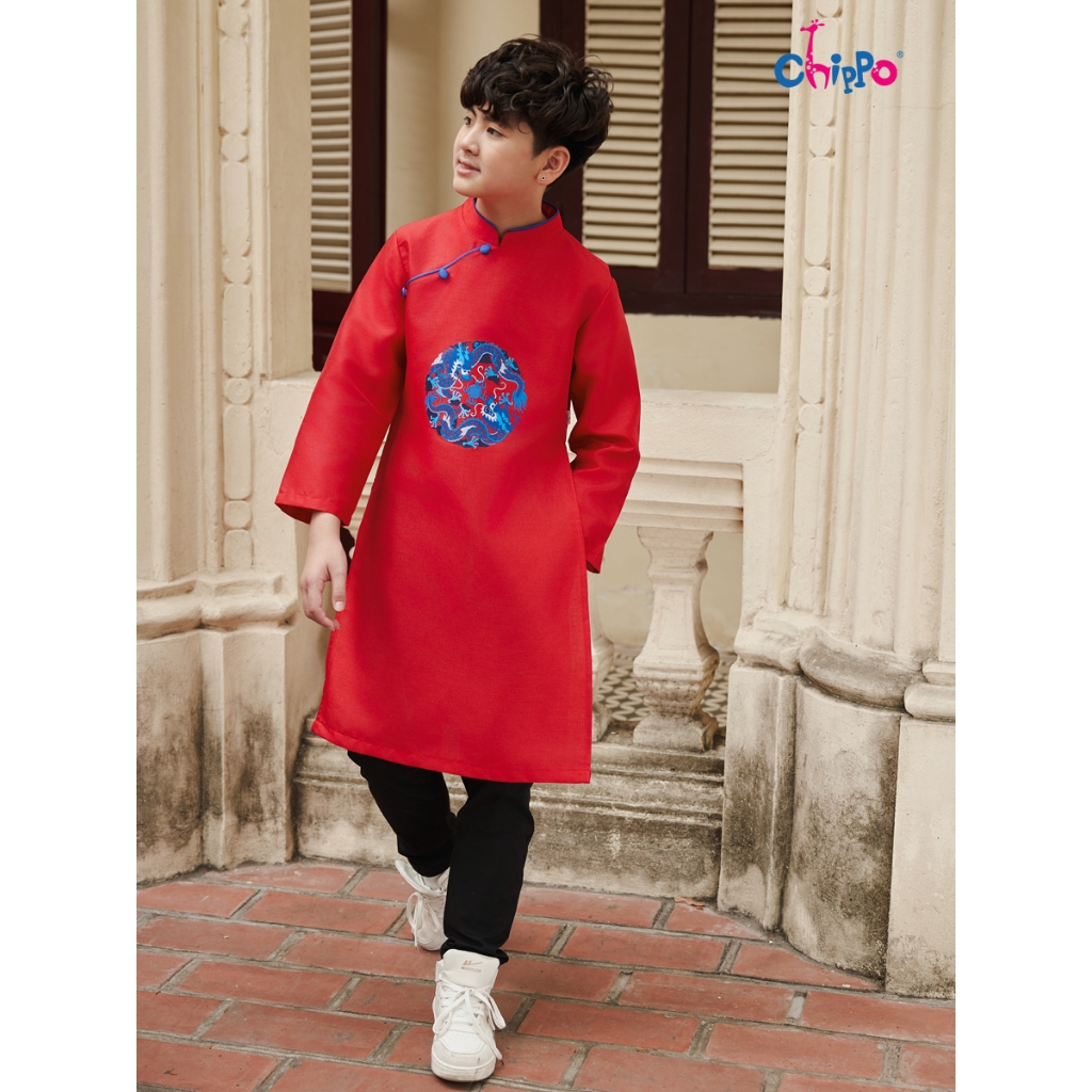 Ảnh Áo dài tết dáng cách tân in hình rồng đón tết Chippo cho bé trai từ 8 đến 16 Tuổi(25-60Kg) AD rồng 1