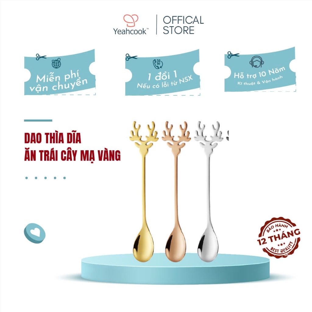 Ảnh Thìa nĩa ăn trái cây inox mạ vàng Yeahcook 1