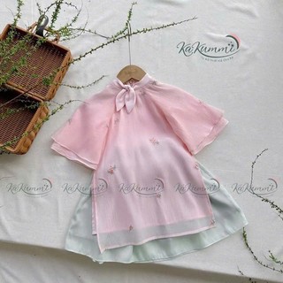 Áo dài cách tân bé gái hoạ tiết hồng tai thỏ  kèm chân váy, áo dài tết cho bé gái sắc hồng 10-30kg
