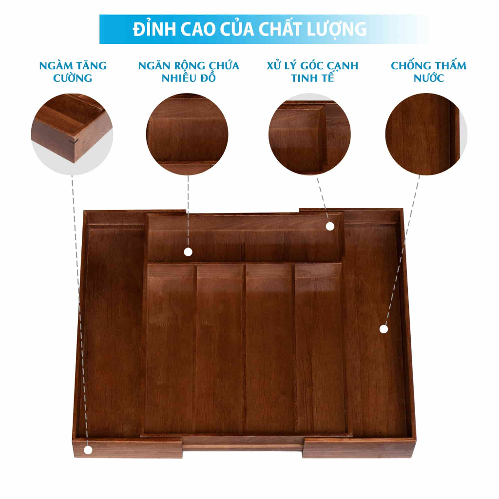 Khay đựng muỗng đũa chia ngăn kéo, khay chia đũa thìa tủ bếp bằng gỗ Sồi cao cấp NHATVYWOOD NV5303B