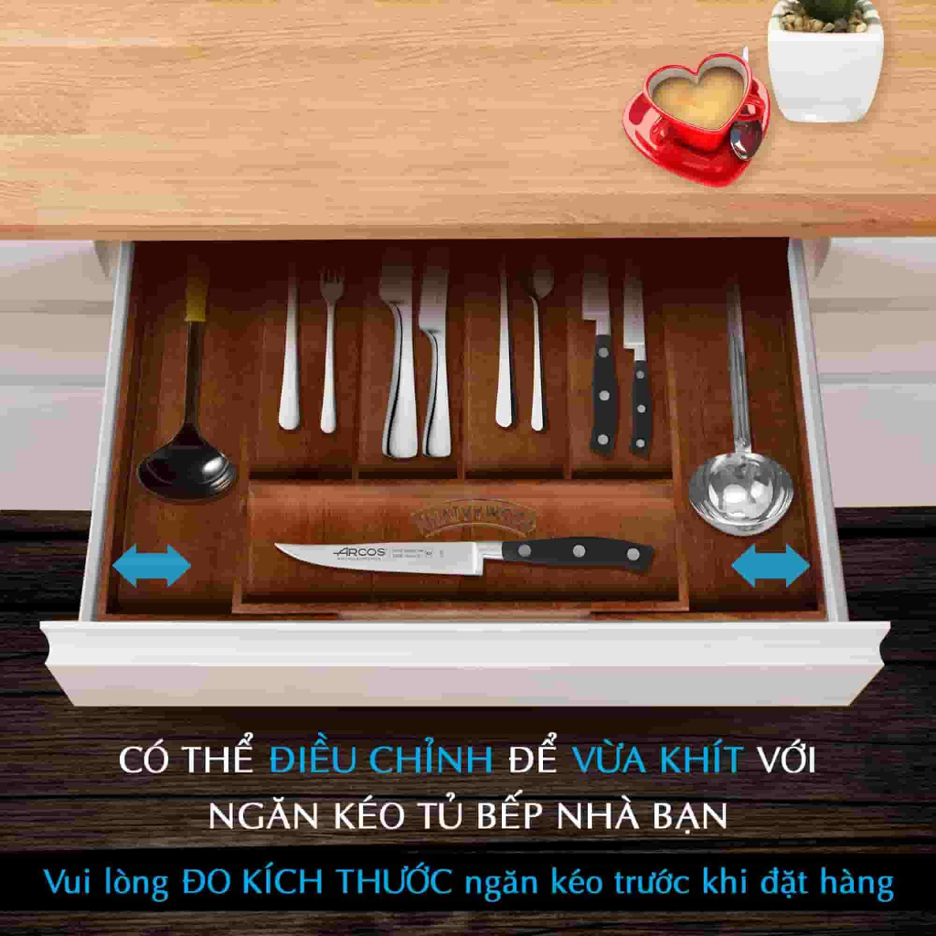 Khay đựng muỗng đũa chia ngăn kéo, khay chia đũa thìa tủ bếp bằng gỗ Sồi cao cấp NHATVYWOOD NV5303B