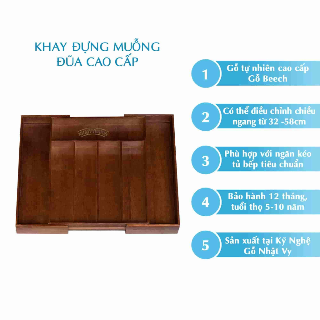 Khay đựng muỗng đũa chia ngăn kéo, khay chia đũa thìa tủ bếp bằng gỗ Sồi cao cấp NHATVYWOOD NV5303B