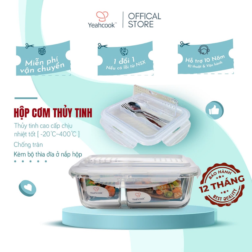 Ảnh Hộp đựng cơm thủy tinh 2 ngăn cao cấp YEAHCOOK - Kèm bộ thìa, dĩa, dao tiện lợi 2