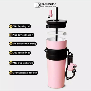 Bình giữ nhiệt khắc tên Fan House bình nước giữ nhiệt 12h inox 316 ống hút tiện lợi 710ml tặng charm