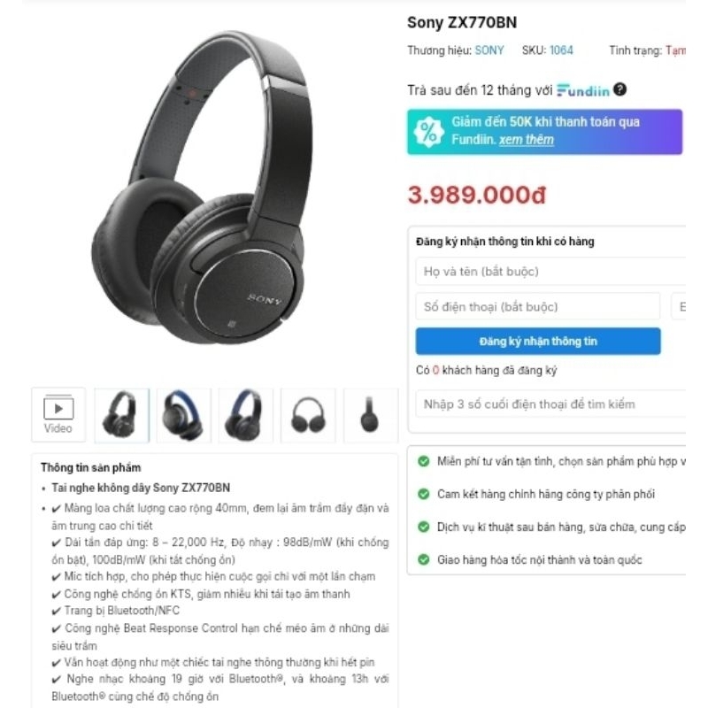 Tai Nghe Chụp tai Sony MDR-ZX770BN chống ồnBass sâu , Pin trâu