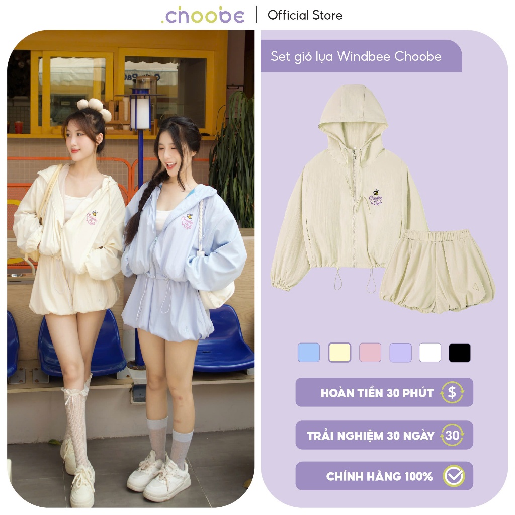 Ảnh Set áo khoác nữ Windbee Choobe Club chống nắng cản gió vải gió lụa khóa kéo kèm quần đùi AK18 + QS18 1