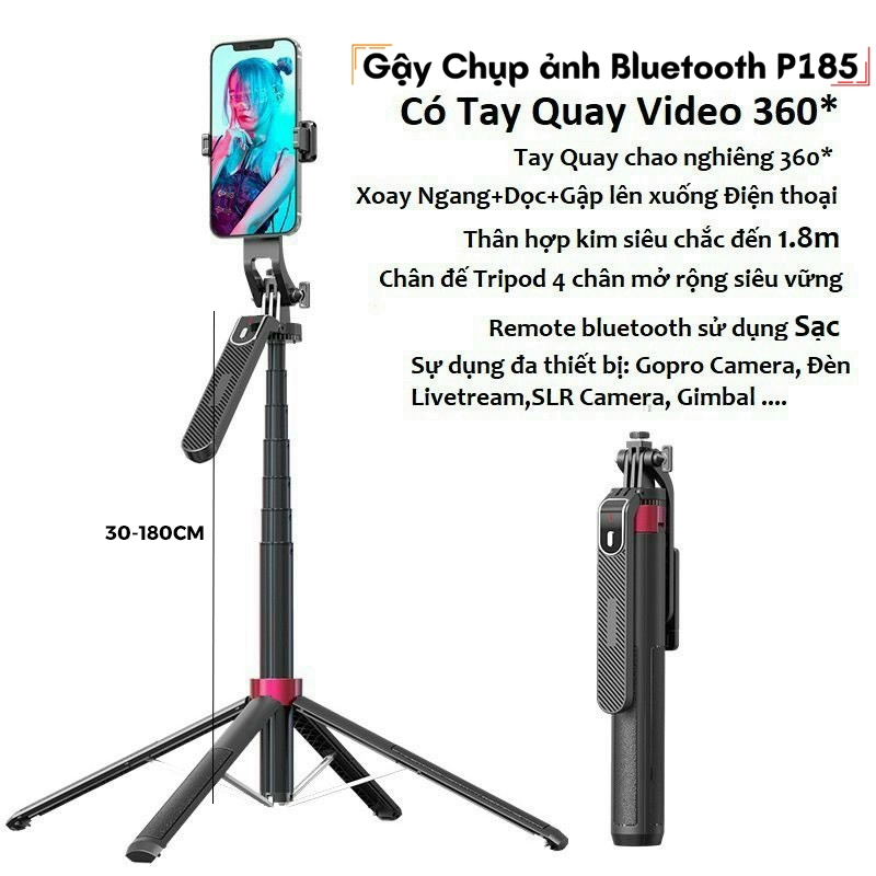 Gậy chụp ảnh 4 chân P185 – Gậy Selfie Cầm Tay Tặng Kèm Remote – Chiều Dài Sử Dụng 30-180cm