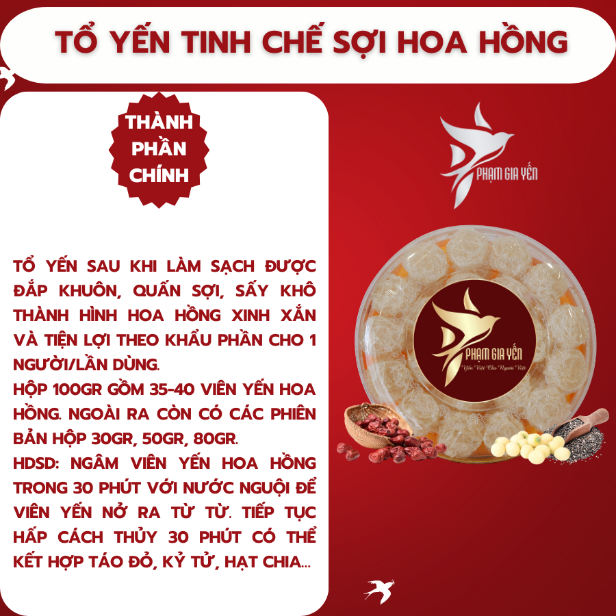 Tổ Yến Tinh Chế Sợi Đắp Hoa Hồng Nguyên Chất 100% -  Yến Sào Phạm Gia
