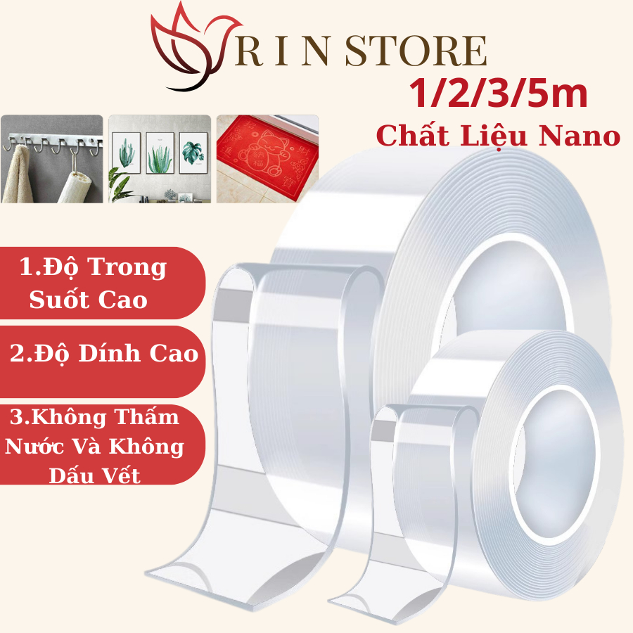 Băng Keo 2 Mặt Trong Suốt Dày 1mm Băng Dính 2 Mặt Siêu Dính Cho Nhiều Vật Dụng Dài 1 2 3 5M RIN