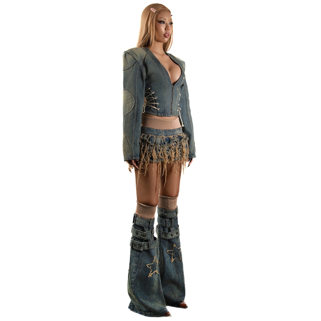 Ảnh TATICHU - POP Distressed Layered Denim Mini Skirt - Chân váy jeans tầng xếp ly washed tua rua 1
