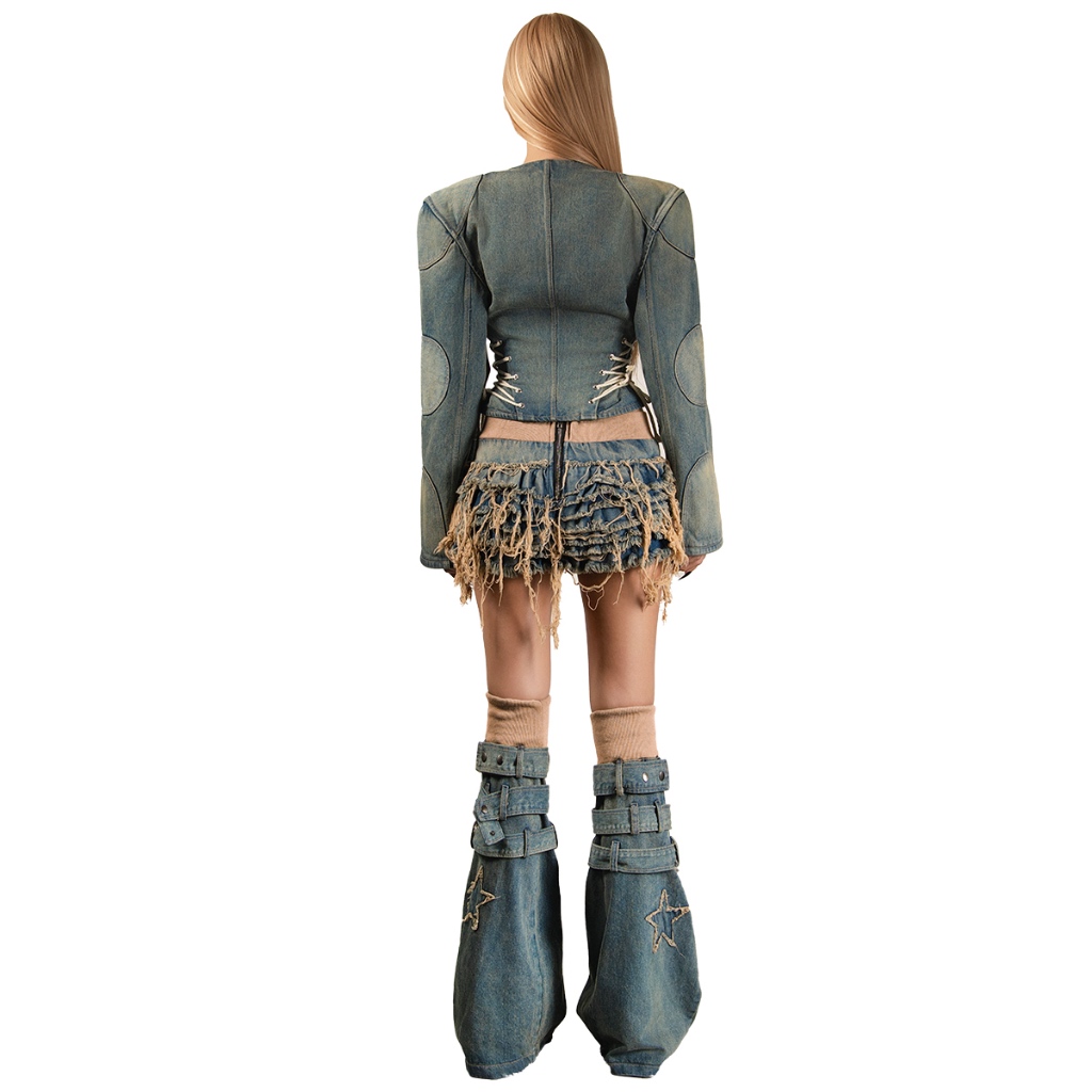 Ảnh TATICHU - POP Distressed Layered Denim Mini Skirt - Chân váy jeans tầng xếp ly washed tua rua 2