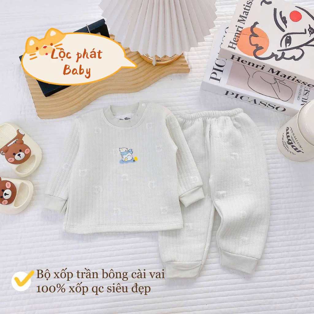 Combo 2 bộ nỉ xốp sơ sinh trần bông họa tiết dập nổi xinh xắn, cúc bấm tiện lợi dài tay mặc mùa đông cho bé từ 3-13kg