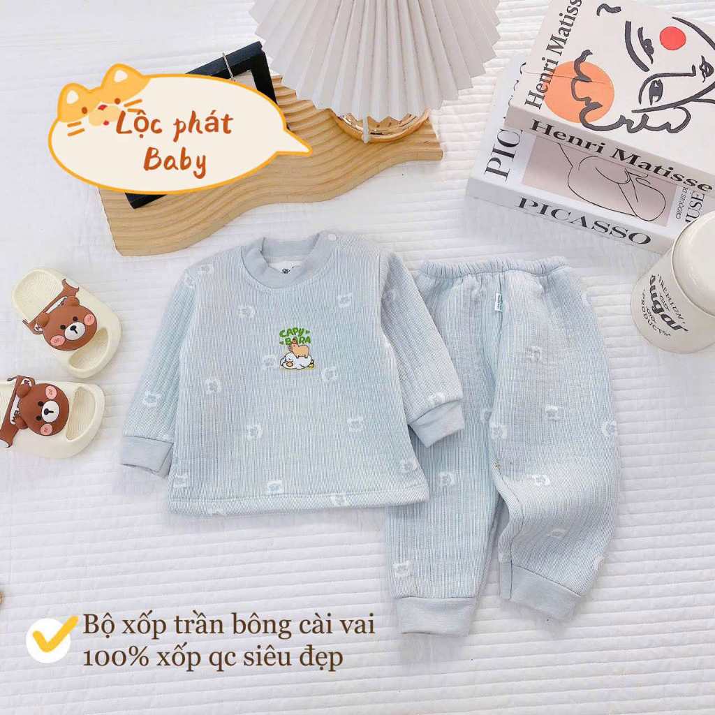 Combo 2 bộ nỉ xốp sơ sinh trần bông họa tiết dập nổi xinh xắn, cúc bấm tiện lợi dài tay mặc mùa đông cho bé từ 3-13kg