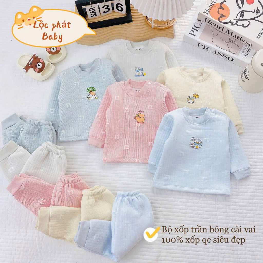 Combo 2 bộ nỉ xốp sơ sinh trần bông họa tiết dập nổi xinh xắn, cúc bấm tiện lợi dài tay mặc mùa đông cho bé từ 3-13kg
