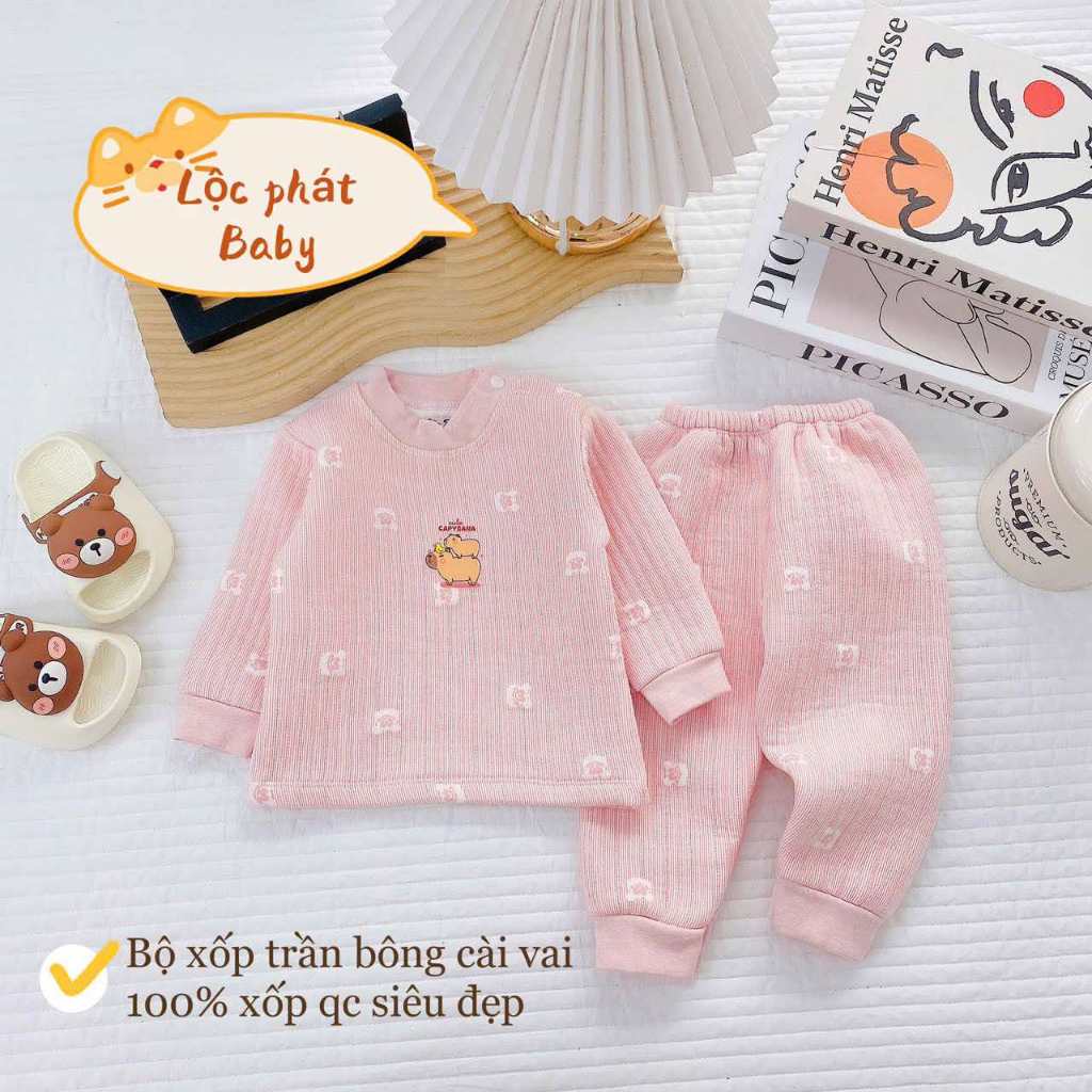Combo 2 bộ nỉ xốp sơ sinh trần bông họa tiết dập nổi xinh xắn, cúc bấm tiện lợi dài tay mặc mùa đông cho bé từ 3-13kg