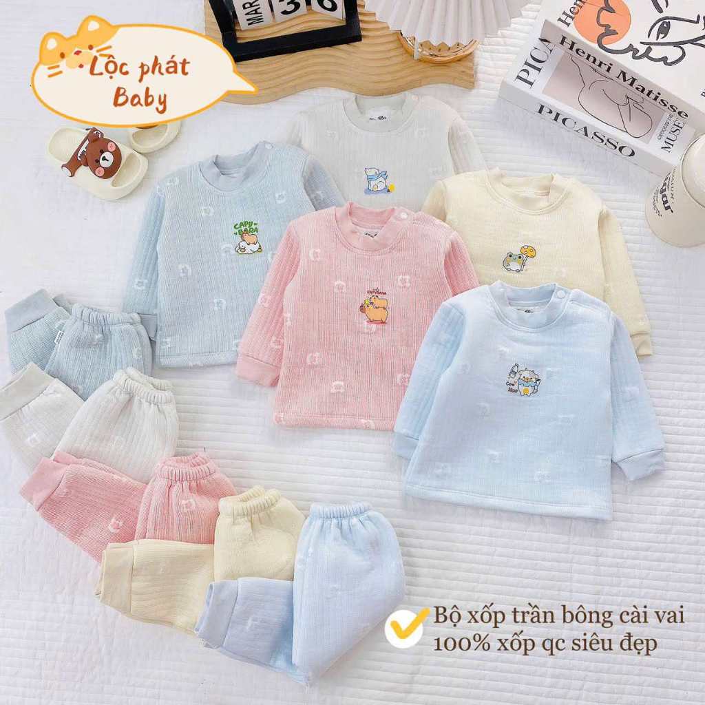 Combo 2 bộ nỉ xốp sơ sinh trần bông họa tiết dập nổi xinh xắn, cúc bấm tiện lợi dài tay mặc mùa đông cho bé từ 3-13kg