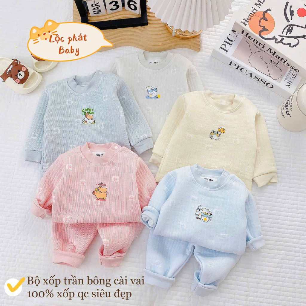Combo 2 bộ nỉ xốp sơ sinh trần bông họa tiết dập nổi xinh xắn, cúc bấm tiện lợi dài tay mặc mùa đông cho bé từ 3-13kg