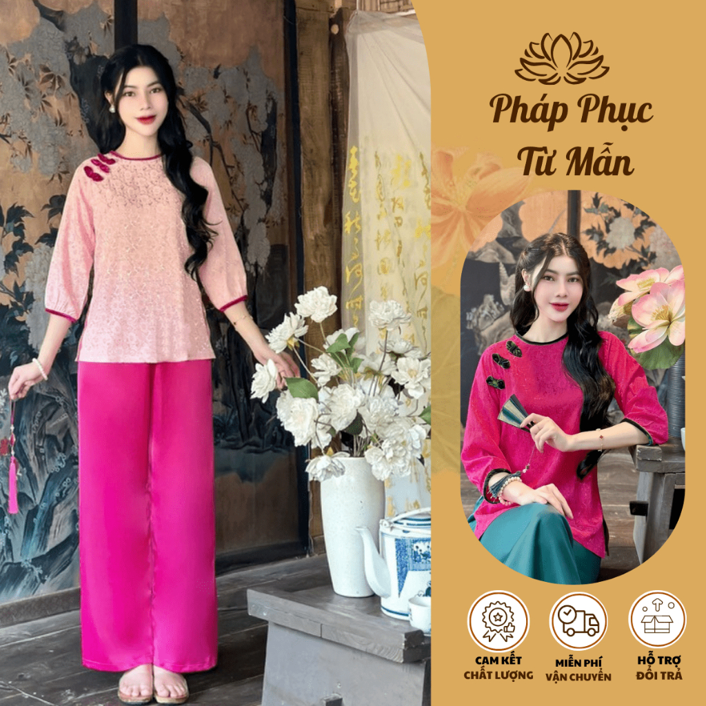 Bộ đi chùa cổ tròn phối nơ lụa gấm hoa trà Pháp phục lễ chùa tay lỡ phối nhung Bộ lam đi lễ cách tân gấm hoa Sang trọng