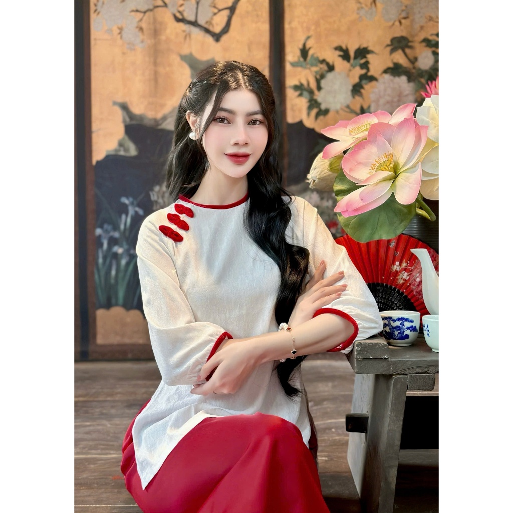Bộ đi chùa cổ tròn phối nơ lụa gấm hoa trà Pháp phục lễ chùa tay lỡ phối nhung Bộ lam đi lễ cách tân gấm hoa Sang trọng
