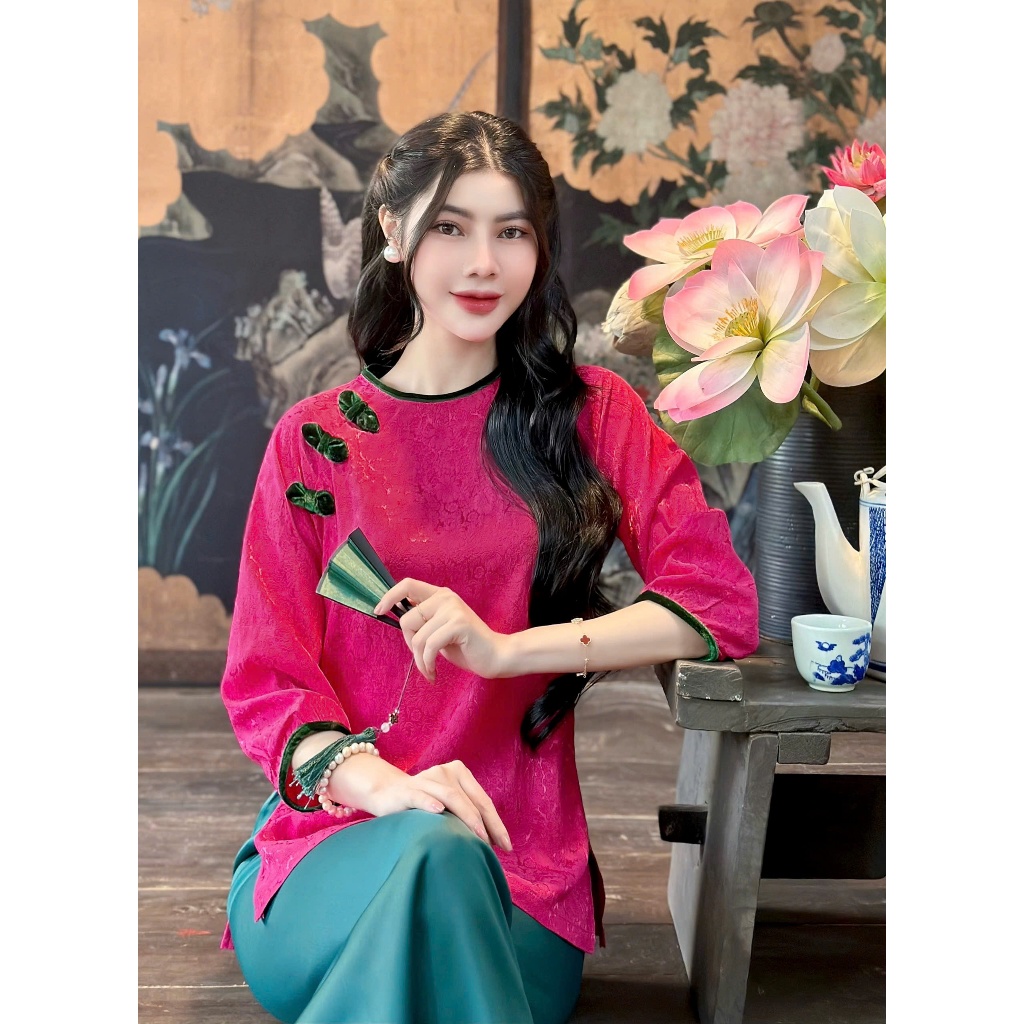 Bộ đi chùa cổ tròn phối nơ lụa gấm hoa trà Pháp phục lễ chùa tay lỡ phối nhung Bộ lam đi lễ cách tân gấm hoa Sang trọng
