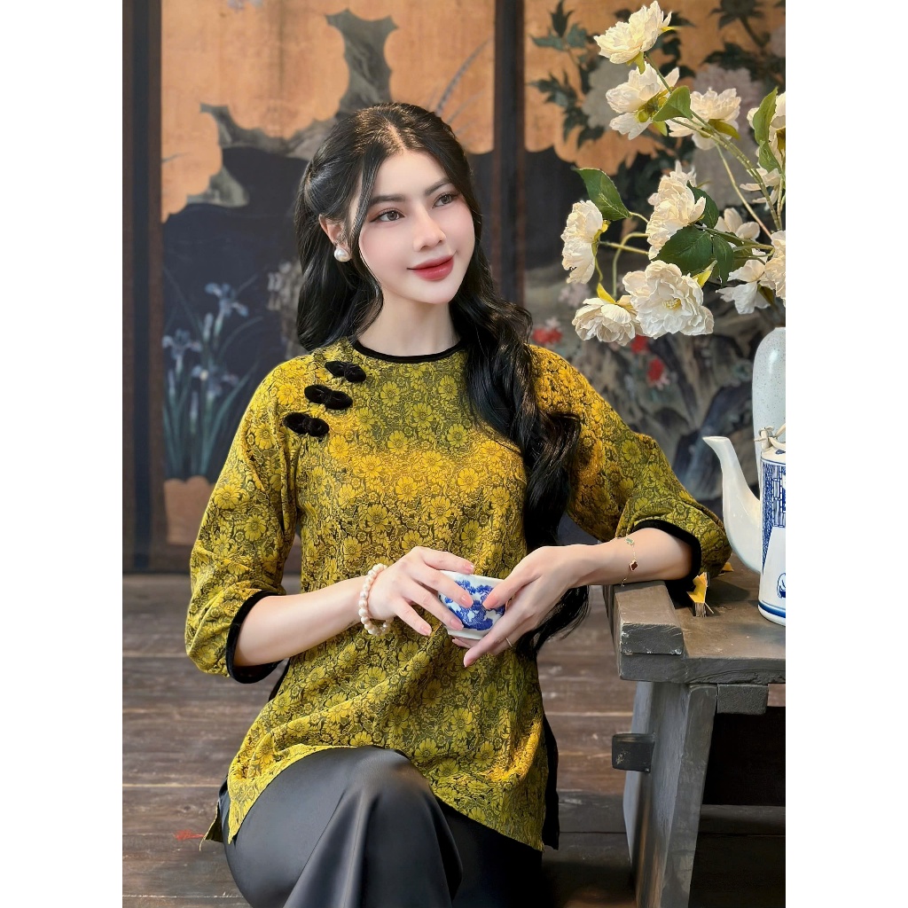 Bộ đi chùa cổ tròn phối nơ lụa gấm hoa trà Pháp phục lễ chùa tay lỡ phối nhung Bộ lam đi lễ cách tân gấm hoa Sang trọng
