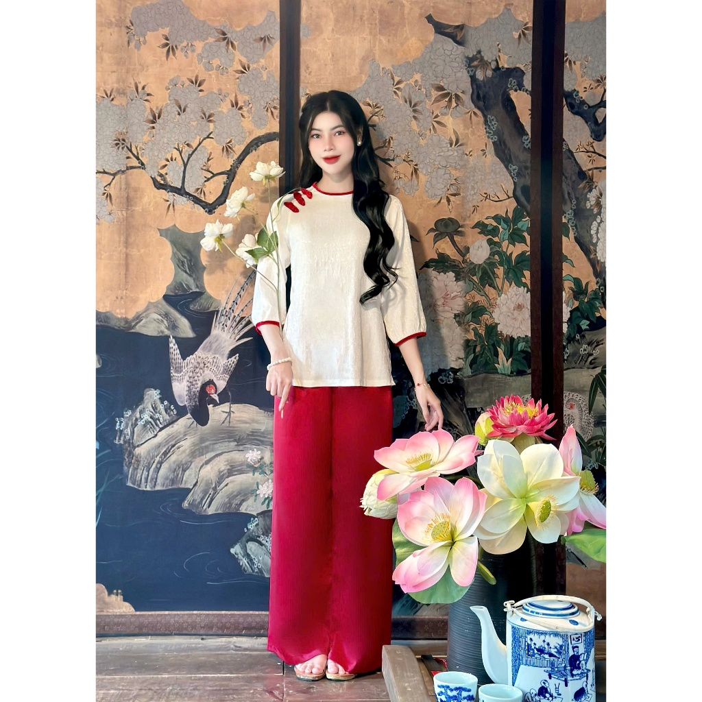 Bộ đi chùa cổ tròn phối nơ lụa gấm hoa trà Pháp phục lễ chùa tay lỡ phối nhung Bộ lam đi lễ cách tân gấm hoa Sang trọng
