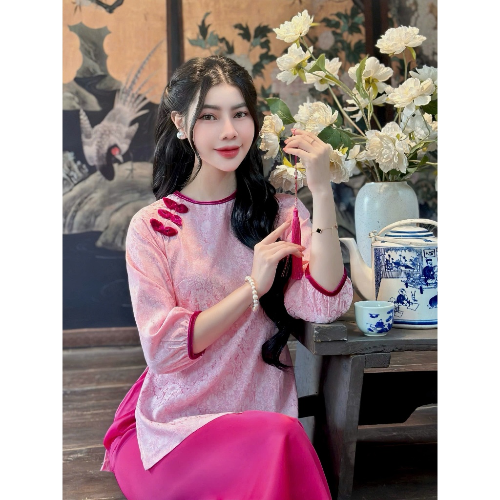 Bộ đi chùa cổ tròn phối nơ lụa gấm hoa trà Pháp phục lễ chùa tay lỡ phối nhung Bộ lam đi lễ cách tân gấm hoa Sang trọng