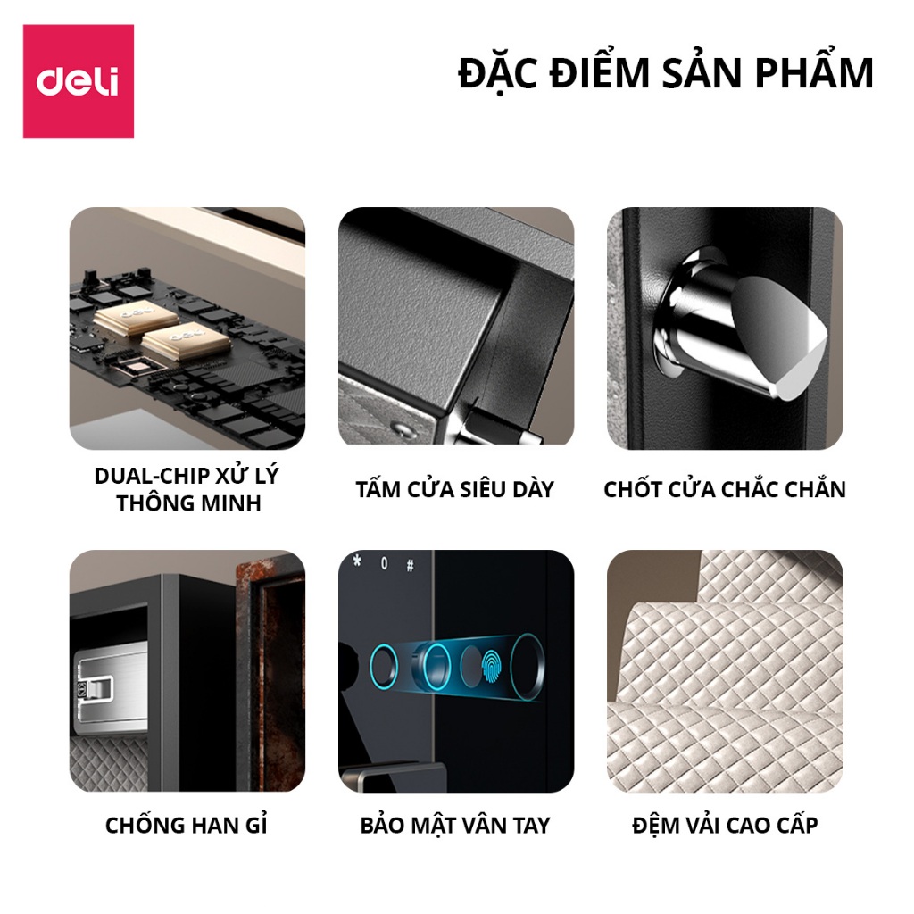Két Sắt Vân Tay DELI Cao Cấp Thiết Bị Két Sắt Bảo Hộ Tài Sản Có Thông Báo Giọng Nói Két Lót Da Nhiều Ngăn Cho GĐình Cty