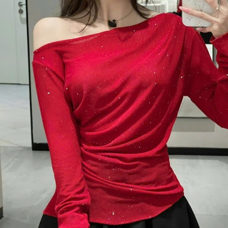 Áo Lệch Vai Bigsize ESHOP MS300 – Áo Kiểu Nữ Dài Tay Trễ Vai Chất Thun Ôm Body Sang Chảnh Dễ Thương