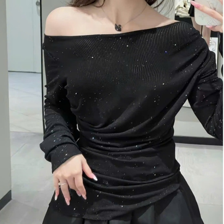 Áo Lệch Vai Bigsize ESHOP MS300 – Áo Kiểu Nữ Dài Tay Trễ Vai Chất Thun Ôm Body Sang Chảnh Dễ Thương