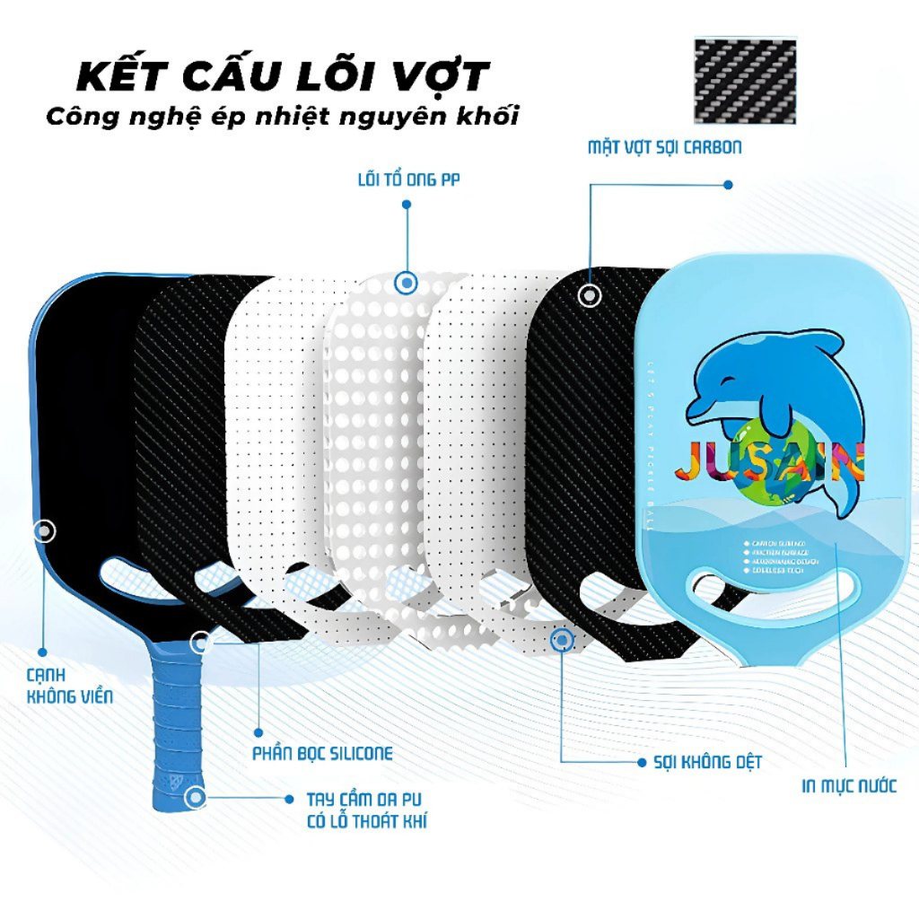 Vợt Pickleball Carbon T700 Jusain chính hãng, vợt pickleball T700 pro mặt nhám lõi tổ ong cao cấp
