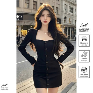 Váy body cổ vuông tay bồng khuy giữa LUST chất liệu dày dặn Y760