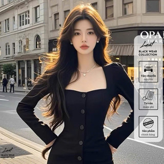 Váy body cổ vuông tay bồng khuy giữa LUST chất liệu dày dặn Y760
