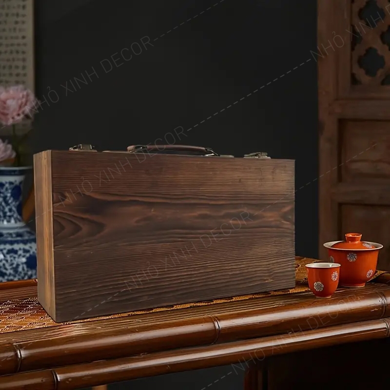 Hộp gỗ kiểu vintage, màu nâu đậm, có nắp gập, thích hợp để đựng trang sức, hộp quà gỗ Hộp quà tết