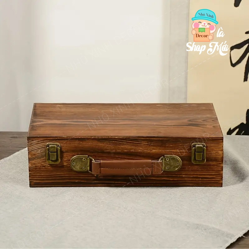 Hộp gỗ kiểu vintage, màu nâu đậm, có nắp gập, thích hợp để đựng trang sức, hộp quà gỗ Hộp quà tết