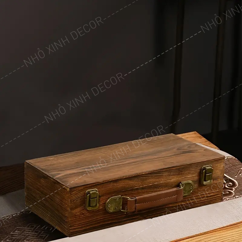 Hộp gỗ kiểu vintage, màu nâu đậm, có nắp gập, thích hợp để đựng trang sức, hộp quà gỗ Hộp quà tết