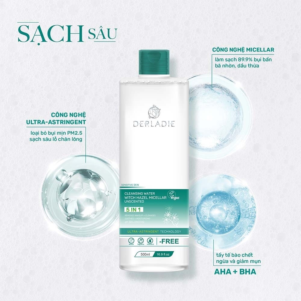 Ảnh Tẩy Trang Thuần Chay Cho Da Dầu Mụn Derladie Cleansing Water Witch Hazel Micellar Unsented 500ml 2