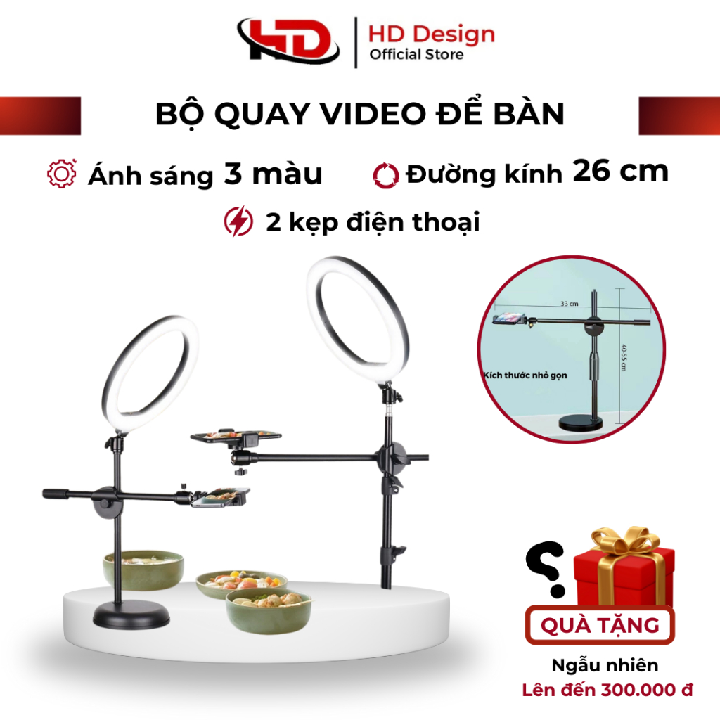 Bộ Quay Video Để Bàn Topshop D36 - 2 Kẹp Điện Thoại - Nhỏ Gọn - Chắc Chắn - Kèm Đèn Livetream - Chính Hãng HD DESIGN