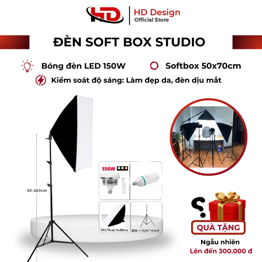 Bộ Đèn livestream Studio Chụp Ảnh Kèm Bóng 150w Softbox 50x70cm - Chính Hãng HD DESIGN