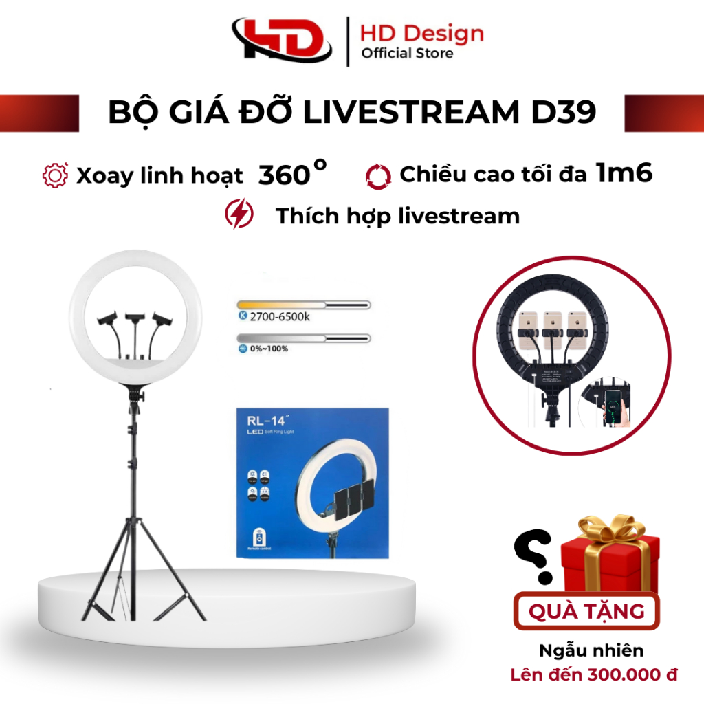 Bộ Giá Đỡ LiveStream D39 Kèm Đèn - Chắc Chắn - Xoay Linh Hoạt - Chính Hãng HD Design