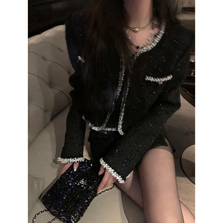 Set váy dạ tweed gồm áo khoác croptop mix đầm ôm dáng ngắn bling bling