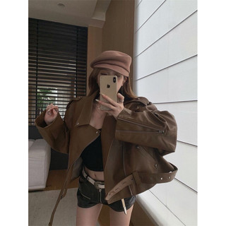 Áo Khoác Da Dáng Ngắn Bomber Màu Cà Phê Phong Cách Hàn Quốc