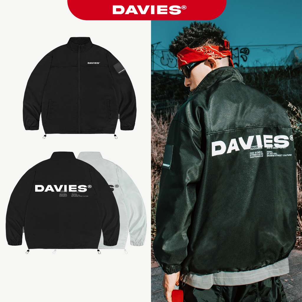 Áo khoác dù 2 lớp in chữ DAVIES form rộng màu đen, xám trắng logo su ...