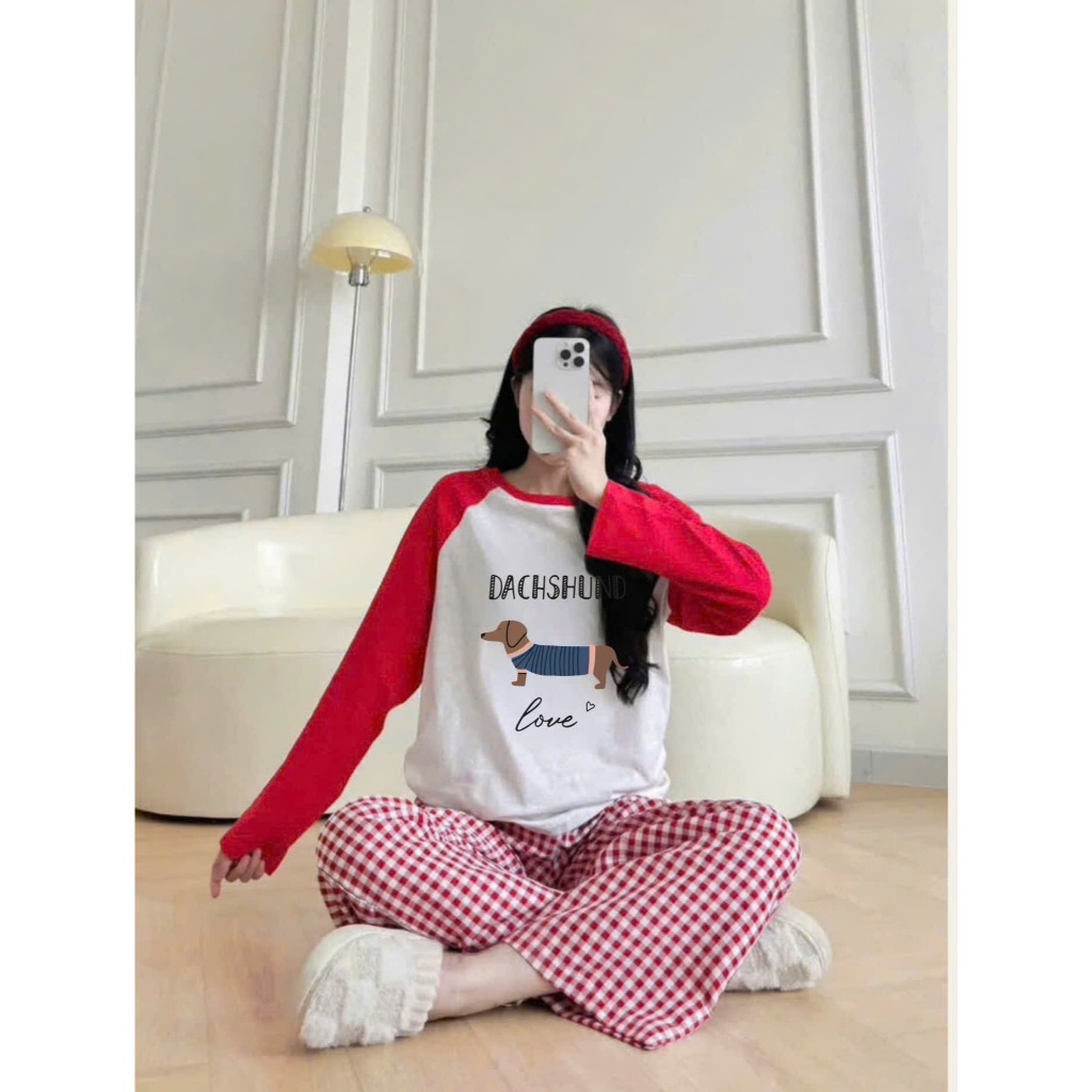 Sét bộ dài tay phối đỏ mùa giáng sinh Noel JULY FASHION, Sét đồ mặc nhà, đồ bộ mặc nhà mùa đông màu đỏ Giáng sinh