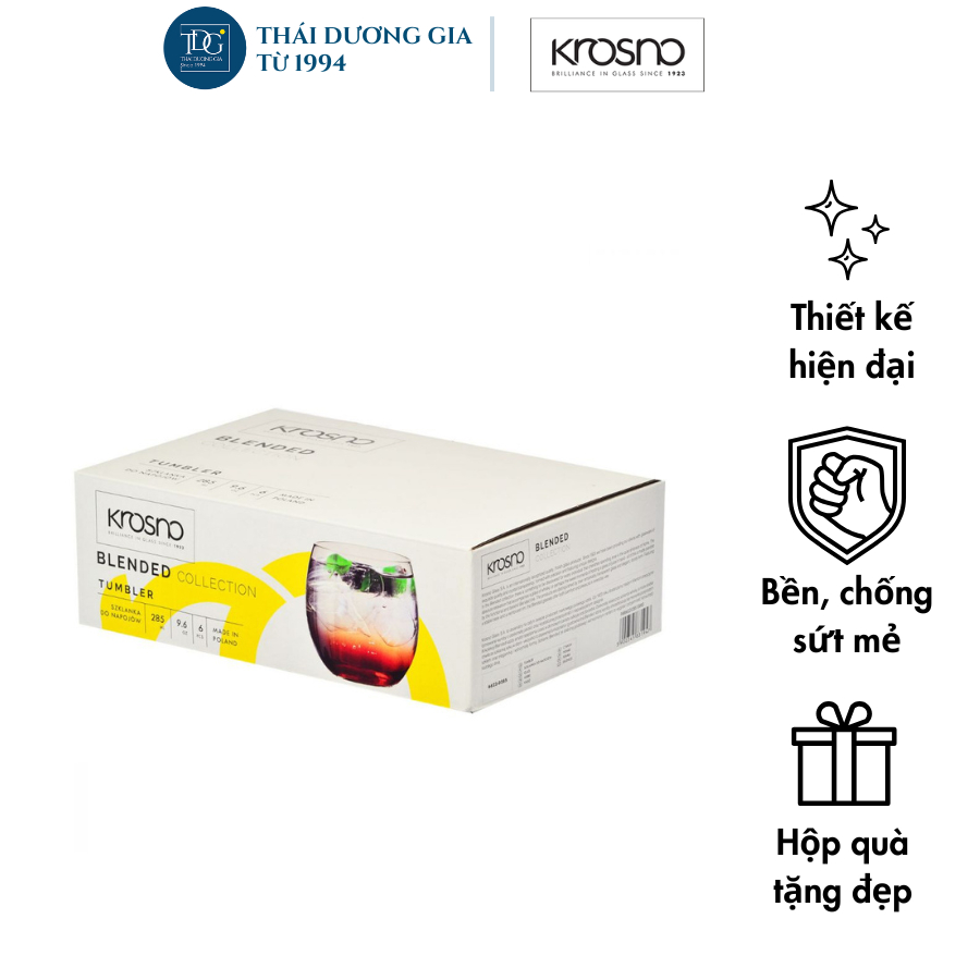 Bộ 6 cốc, ly thủy tinh bầu thấp 285ml BLENDED Krosno Ba Lan – 831947 | Thái Dương Gia