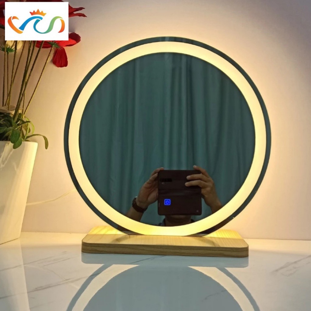 Ảnh Gương tròn để bàn trang điểm có led cảm ứng cao cấp VUADECOR (Tặng đế gỗ) 1