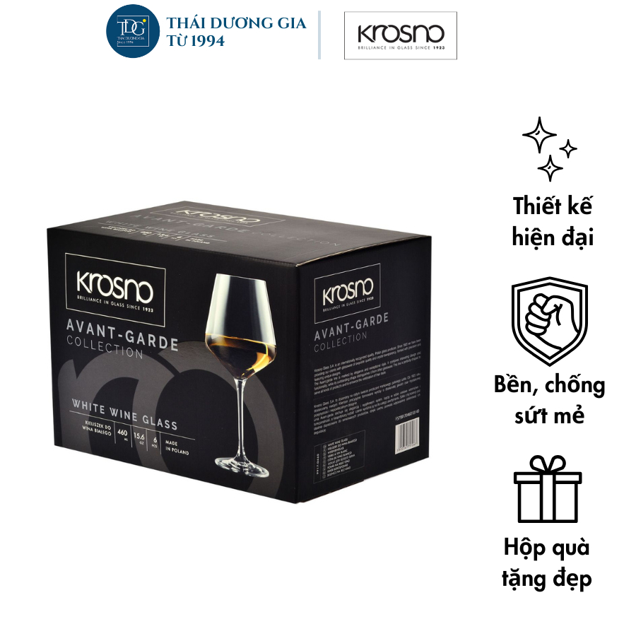 Bộ 6 ly vang trắng pha lê Chardonnay 460ml Ba Lan Krosno, Ly vang cao cấp - 791067 I Thái Dương Gia