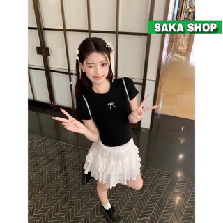 Áo croptop nữ thêu nơ thun gân co giãn